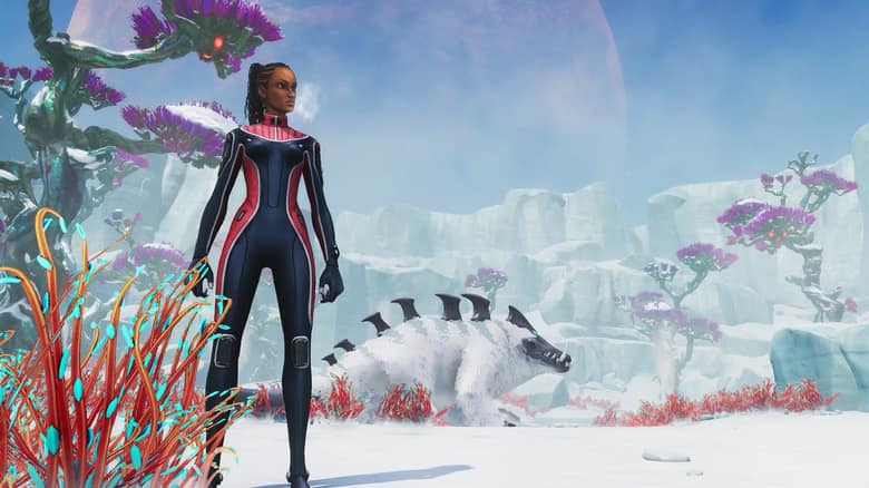 L'héroïne de Subnautica: Below Zero sur la banquise, près d'une créature