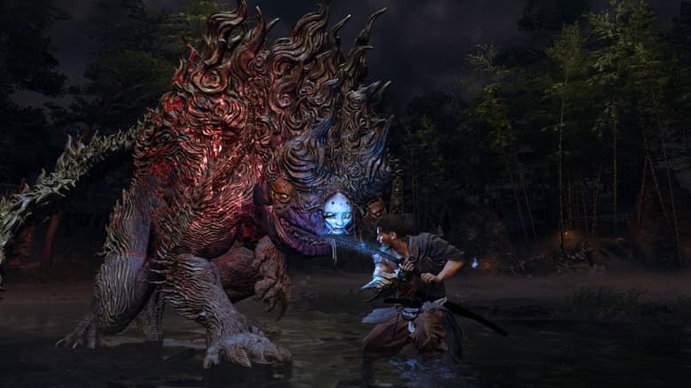 Le samouraï affronte un oni géant dans une forêt de nuit dans Onimusha: Way of the Sword