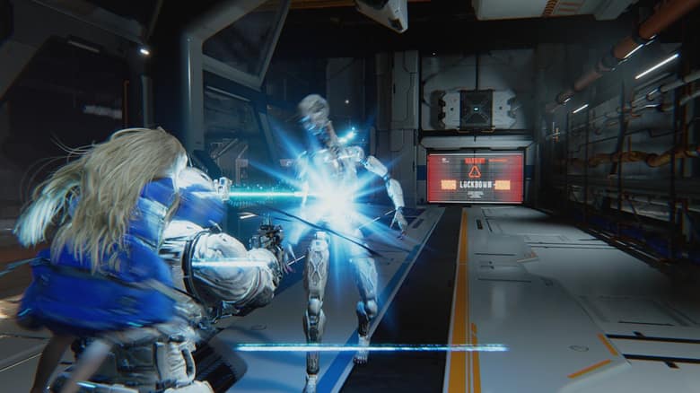 Combat contre un robot dans une station spatiale de Pragmata