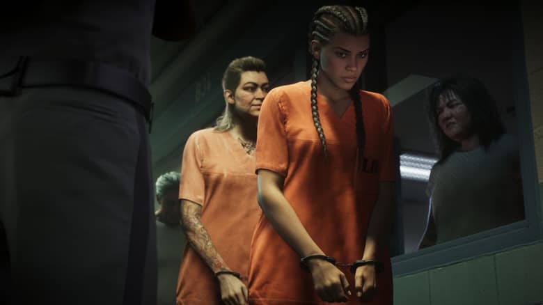 Lucia Caminos, menottée en tenue orange de détenue, dans GTA VI