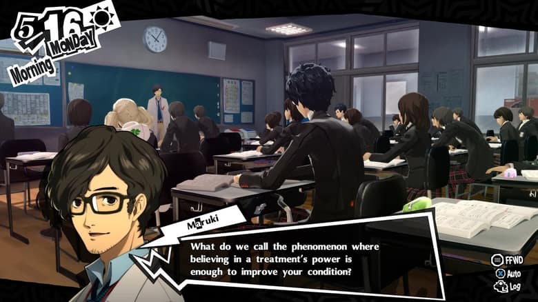 Capture officielle de Persona 5 Royal : une matinée de cours au lycée, avec la date « 5/16 Monday Morning » affichée