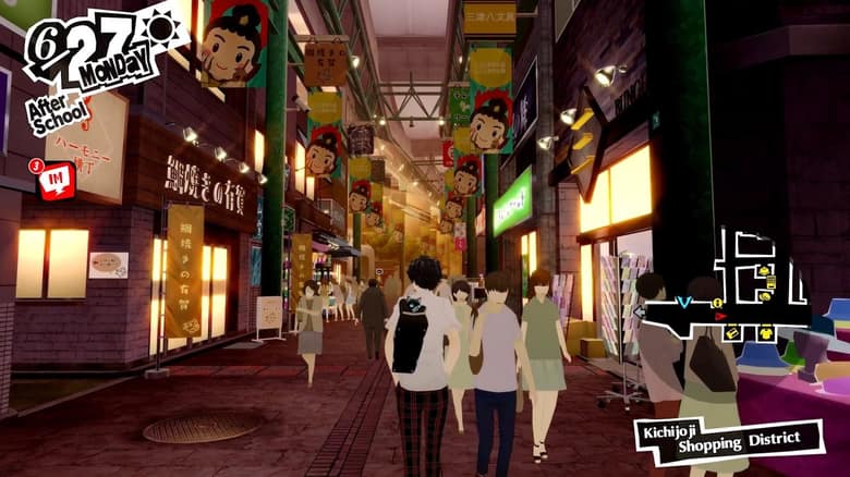 Capture officielle de Persona 5 Royal : le héros et ses amis marchent dans la rue commerçante de Kichijoji