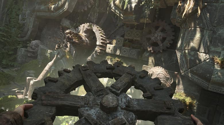 Mécanisme d'engrenages en pierre à manipuler dans Indiana Jones et le Cercle Ancien