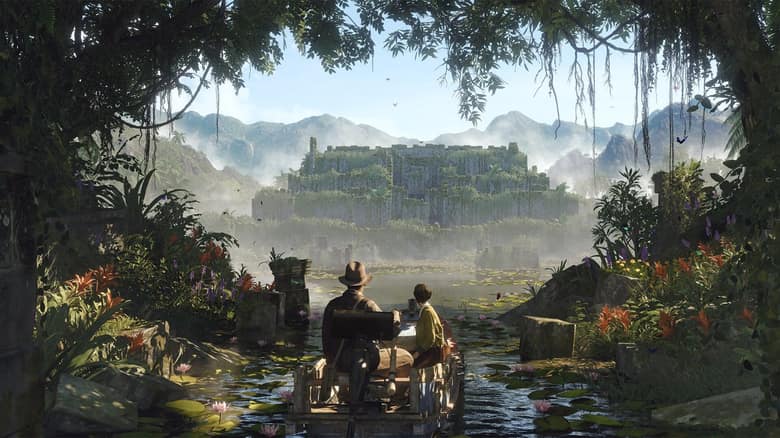 Indiana Jones et une compagne de route en bateau vers un temple en ruine, dans la jungle
