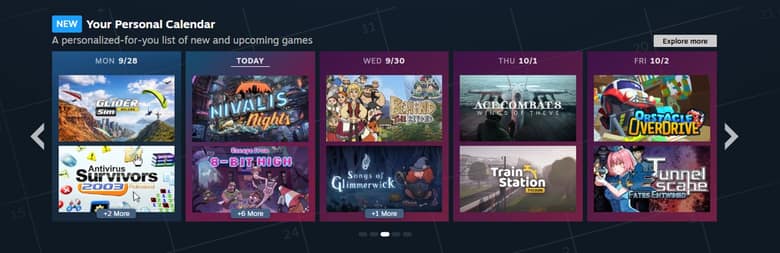 Capture officielle du module « Your Personal Calendar » sur la page d'accueil de Steam, avec des jeux classés par jour