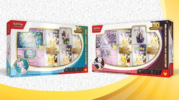 Les deux boîtes françaises du JCC Pokémon, Collection avec figurine Mew et Collection avec figurine Mewtwo, logo 30e Anniversaire