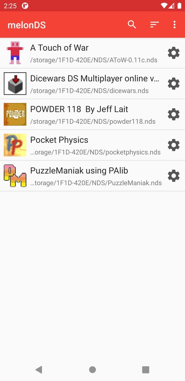 La liste des jeux de l'application melonDS sur Android, avec des jeux amateurs (homebrew)