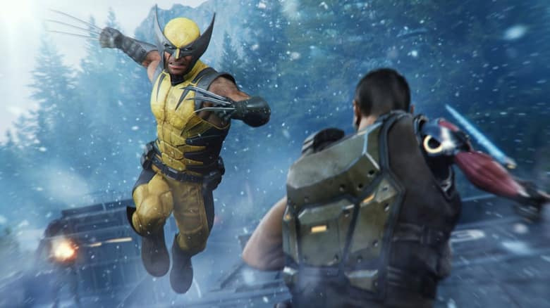Wolverine bondit sur un adversaire dans une forêt enneigée