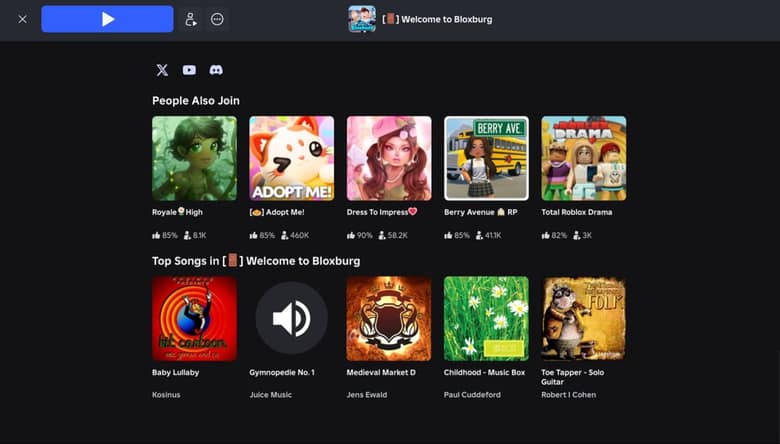 La page d'un jeu Roblox qui affiche, sous les jeux conseillés, les morceaux les plus joués dans ce jeu