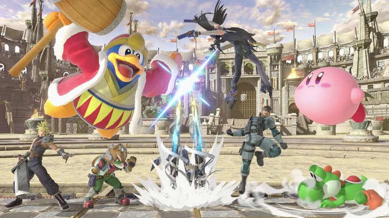 Capture officielle de Super Smash Bros. Ultimate : King Dedede, Bayonetta, Kirby, Snake, Fox, Yoshi et Cloud s