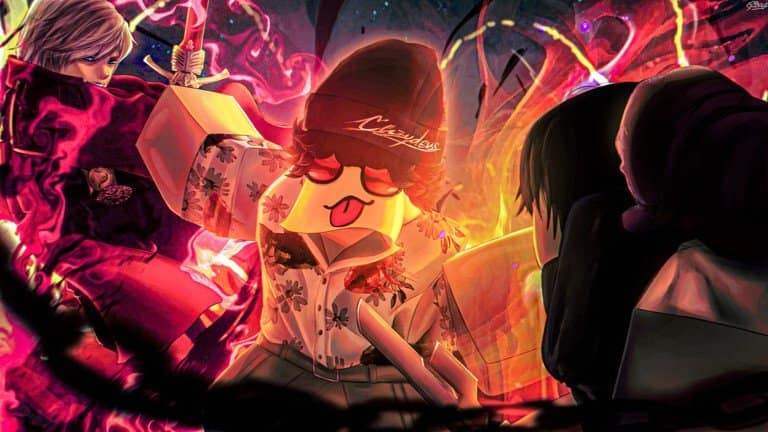 Visuel officiel de Sailor Piece : un personnage Roblox au bonnet rouge et aux lunettes, entouré de combattants