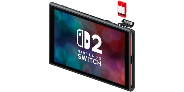 La console Nintendo Switch 2 vue de biais, une carte de jeu rouge prête à entrer dans son port
