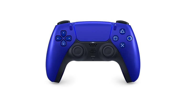 La manette DualSense de la PS5 en bleu cobalt, vue de face