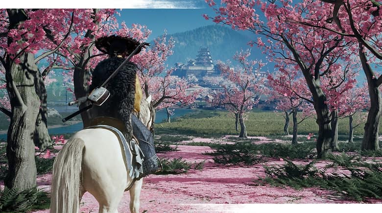 Atsu, de dos sur un cheval blanc, au milieu de cerisiers en fleurs, avec un château au loin