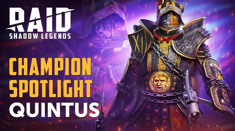 Visuel officiel de RAID: Shadow Legends : Quintus the Triumphant, champion légendaire en armure lourde, casque fermé et chaînes, classé au rang S