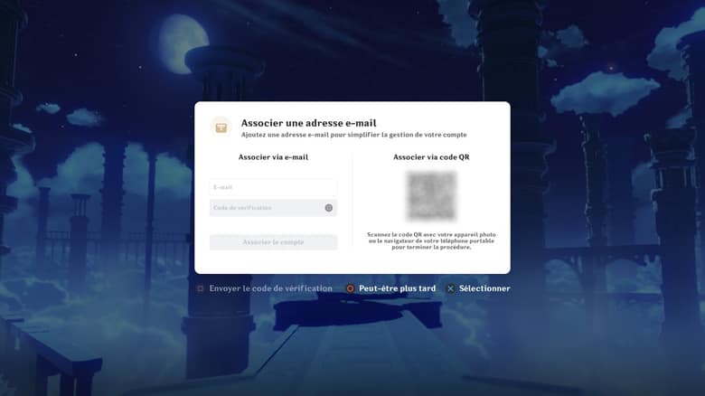 Fenêtre officielle « Associer une adresse e-mail » de Genshin Impact, par e-mail ou par code QR