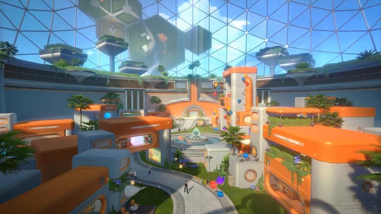 Une ville sous un grand dôme de verre, avec fontaine et bâtiments orange, dans la version PS5 de Honkai: Star Rail