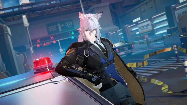 Un agent aux cheveux blancs, en uniforme, appuyé sur une voiture de police dans une rue de la ville, dans la version Steam de Zenless Zone Zero