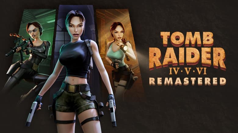 Visuel officiel de Tomb Raider IV – VI Remastered : trois versions de Lara Croft, armes à la main, à côté du logo