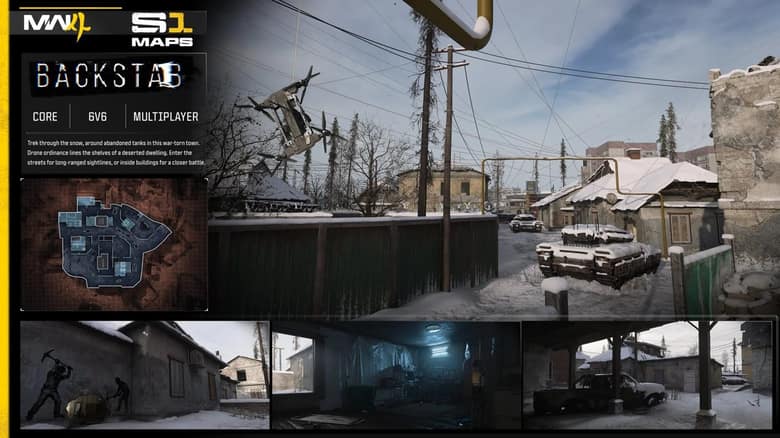 Fiche officielle de la carte Backstab de Modern Warfare 4 : plan de la carte et vues d'une ville enneigée avec un char abandonné