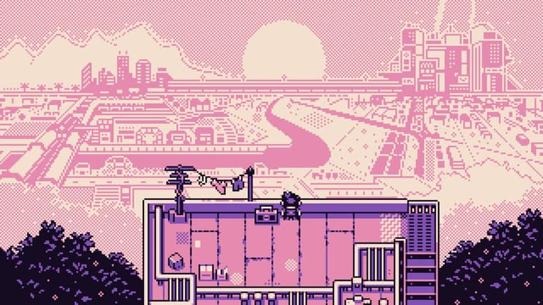 Capture officielle de Petal Runner : une ville en pixel art aux tons roses vue d'un toit, au coucher du soleil
